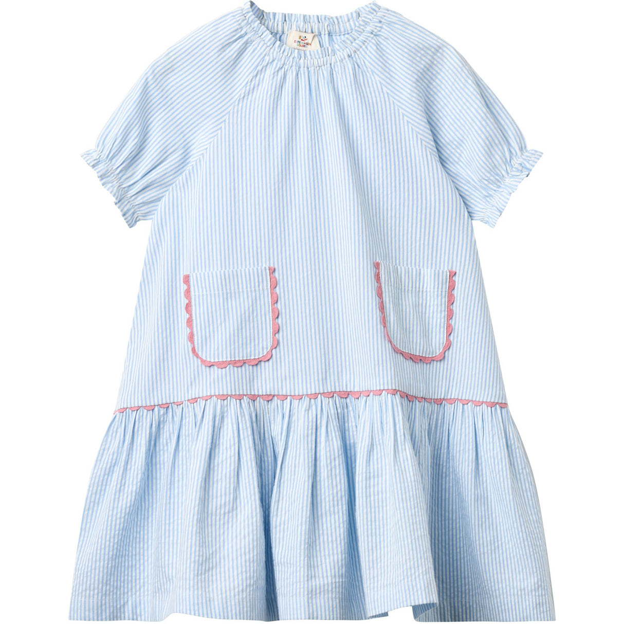 COPENHAGEN COLORS Sky Blue W Cream Stripe Seersucker Kjole W. Pockets