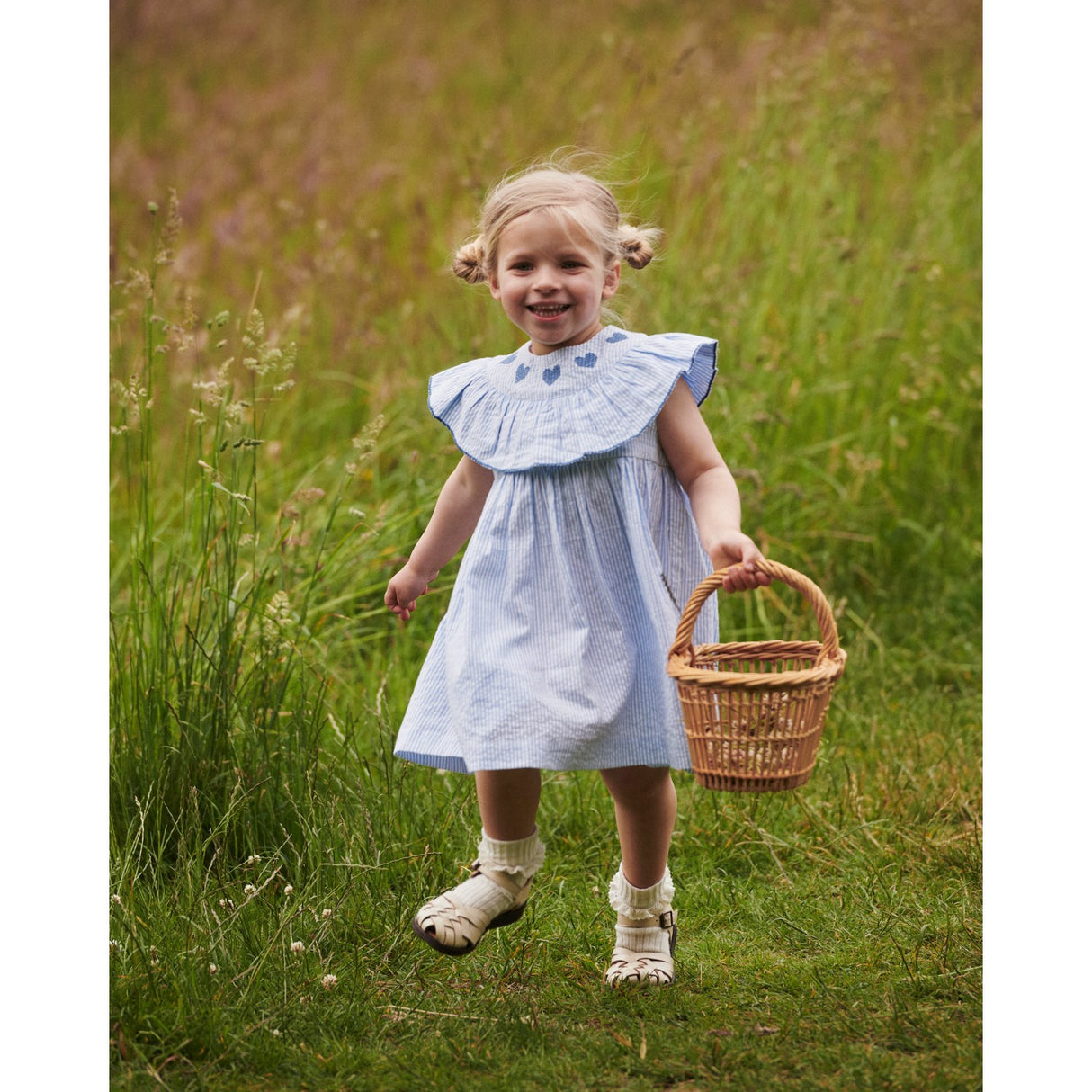 COPENHAGEN COLORS Sky Blue W Cream Stripe W Ocean Blue Seersucker Kjole W. Heart