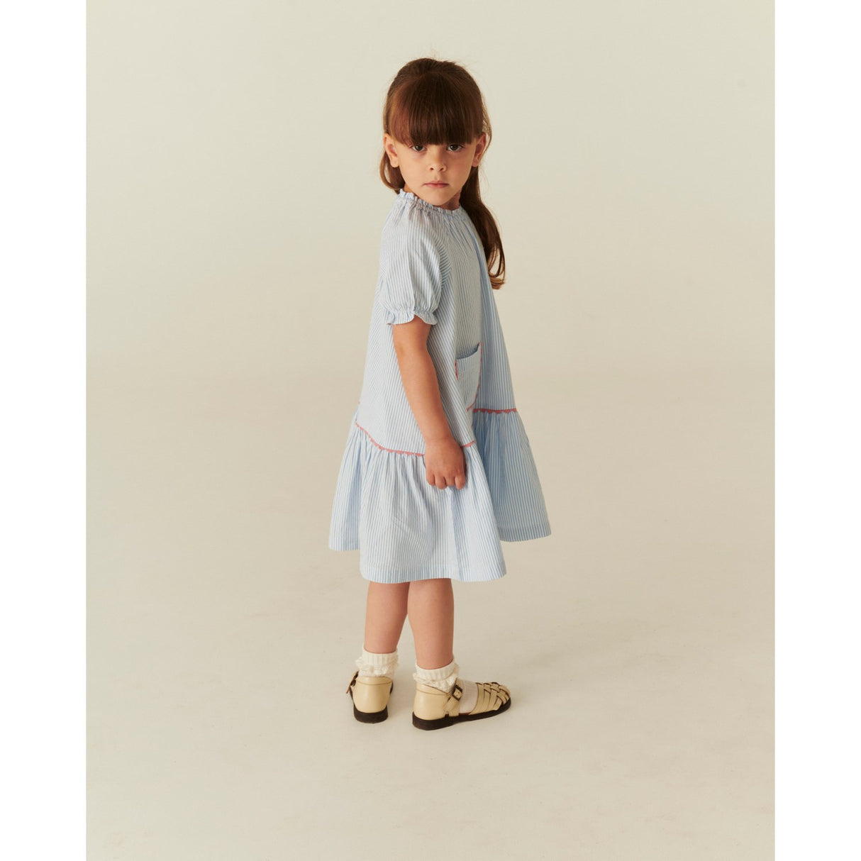 COPENHAGEN COLORS Sky Blue W Cream Stripe Seersucker Kjole W. Pockets