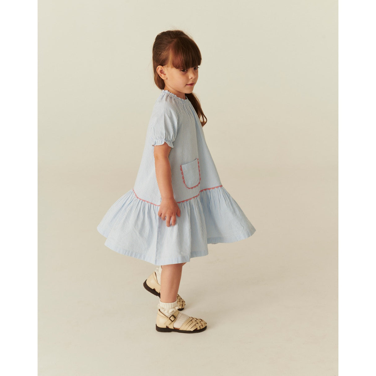 COPENHAGEN COLORS Sky Blue W Cream Stripe Seersucker Kjole W. Pockets