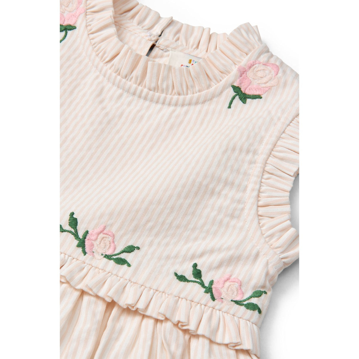 COPENHAGEN COLORS Dusty Rose W Cream Stripe Seersucker Kjole W. Ruffles Og Emb.