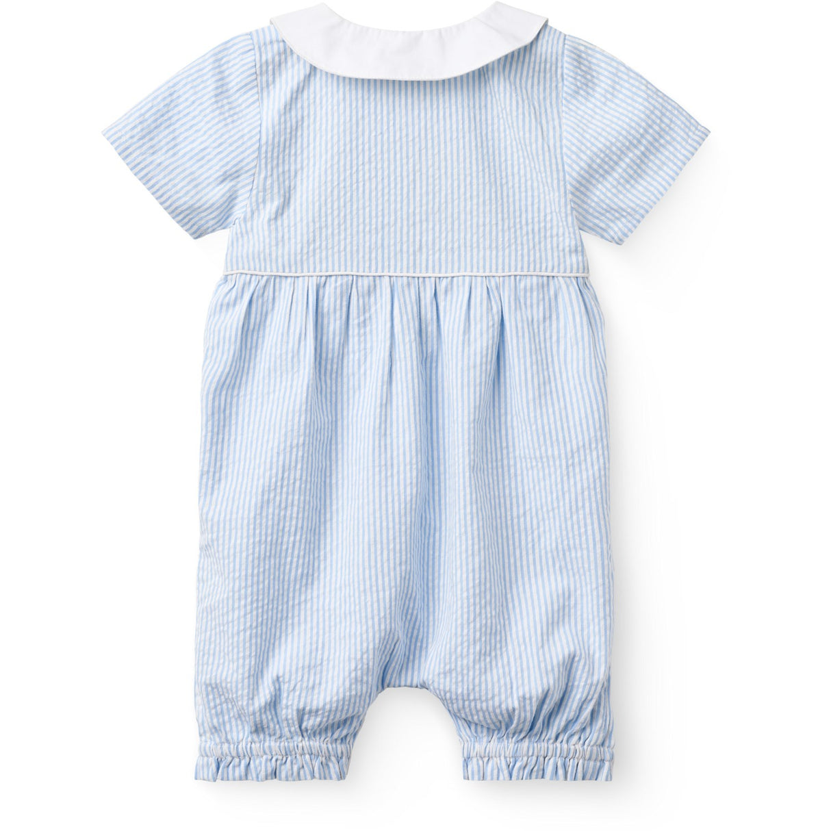 COPENHAGEN COLORS Sky Blue W Cream Stripe Seersucker Romper W. Halsbånd