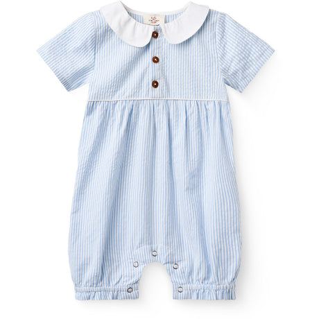 COPENHAGEN COLORS Sky Blue W Cream Stripe Seersucker Romper W. Halsbånd