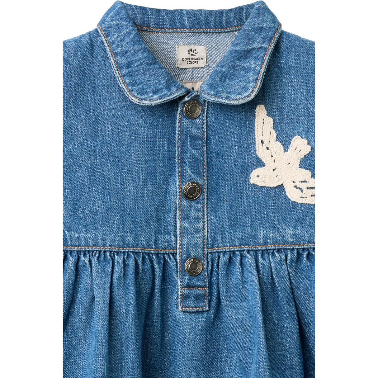 COPENHAGEN COLORS Indigo Blue Washed Denim Kjole W. Crochet Doves