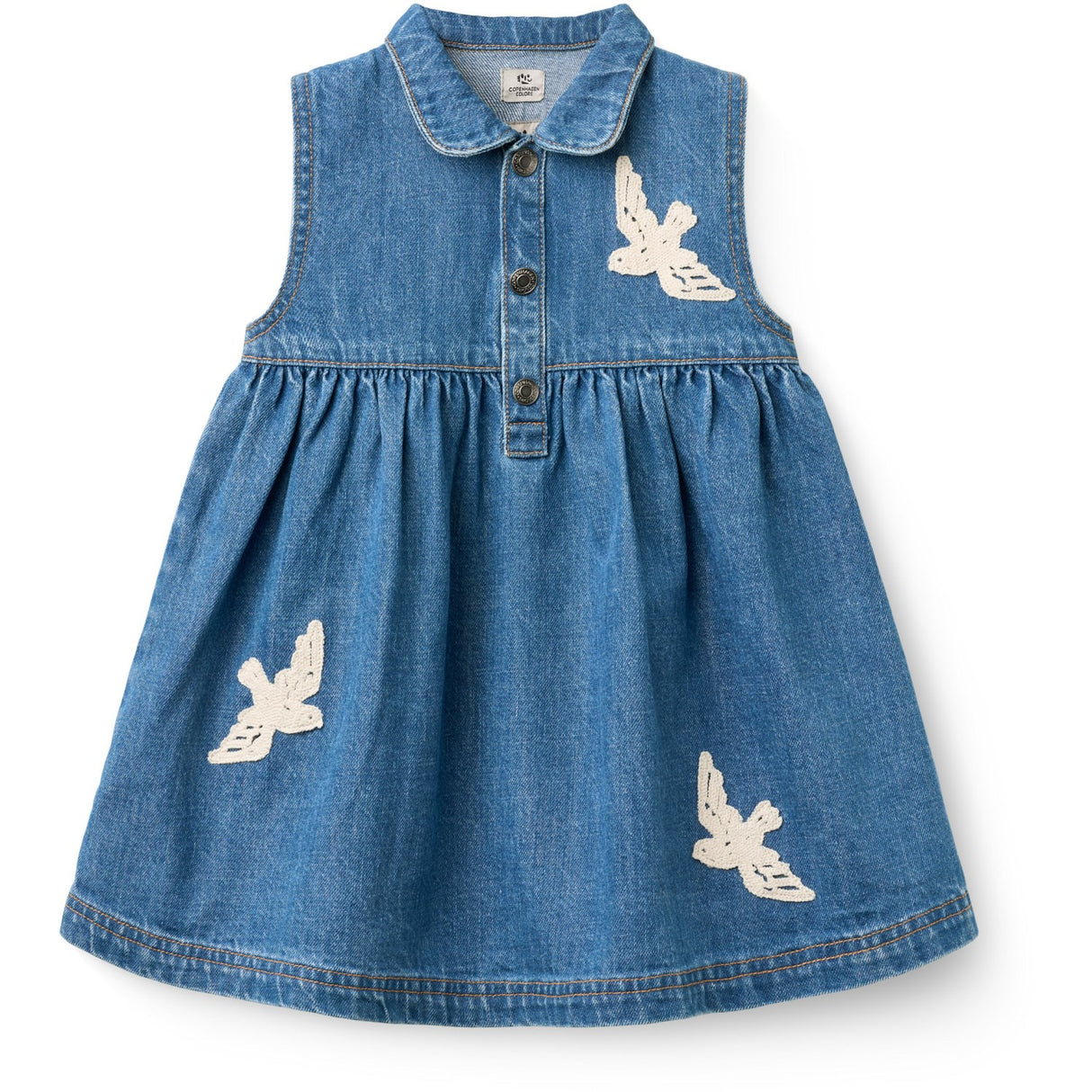 COPENHAGEN COLORS Indigo Blue Washed Denim Kjole W. Crochet Doves