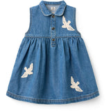 COPENHAGEN COLORS Indigo Blue Washed Denim Kjole W. Crochet Doves