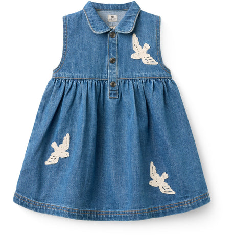 COPENHAGEN COLORS Indigo Blue Washed Denim Kjole W. Crochet Doves