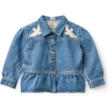 COPENHAGEN COLORS Indigo Blue Washed Denim Frill Jakke W. Crochet Doves