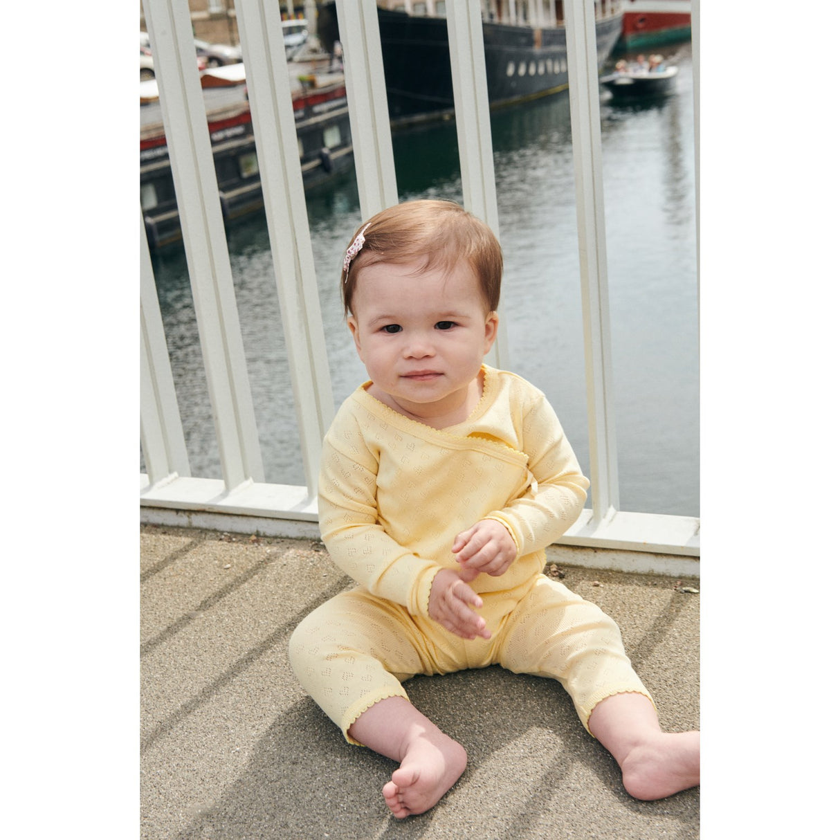 COPENHAGEN COLORS Pale Yellow Pointelle Heart Crossover Body Ls