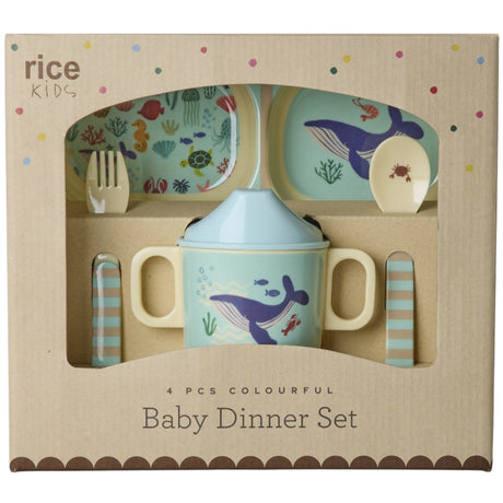 Rice Melamin Baby Dinner Sett In Gift Box - Blue Ocean Print - 4 Pcs