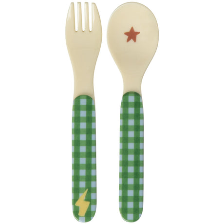 Rice Kids Melamin Skje Og Fork Med Hero Print - Green