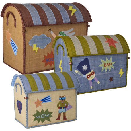 Rice Raffia Leketøy Baskets Med Hero Theme - Blue - Sett Of 3