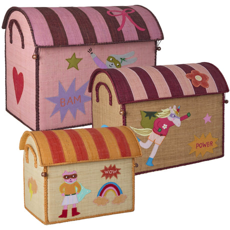 Rice Raffia Leketøy Baskets Med Hero Theme - Pink - Sett Of 3