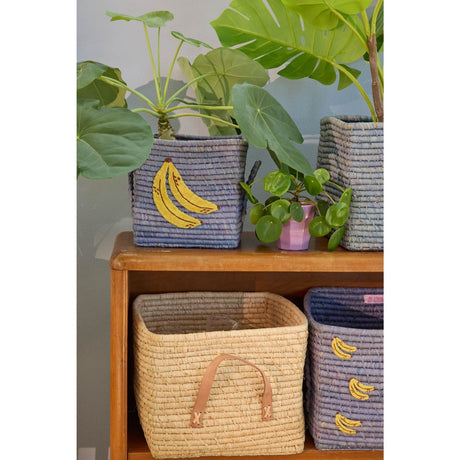 Rice Raffia Square Kurv Med Big Banana Embroidery Og Raffia Handles - Small