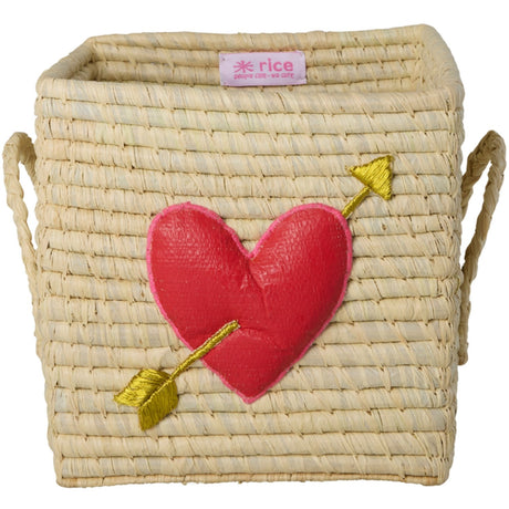 Rice Raffia Square Kurv Med 3D Heart Og Raffia Handles - Small
