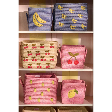 Rice Raffia Square Kurv Med Big Lemon Embroidery Og Raffia Handles - Small