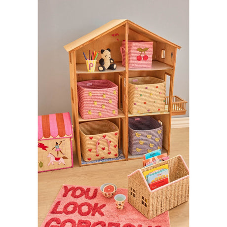 Rice Raffia Square Kurv Med Bananas All Over Embroidery Og Raffia Handles