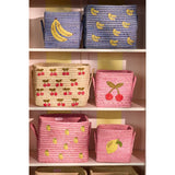 Rice Raffia Square Kurv Med Small Lemons All Over Embroidery Og Raffia Handles