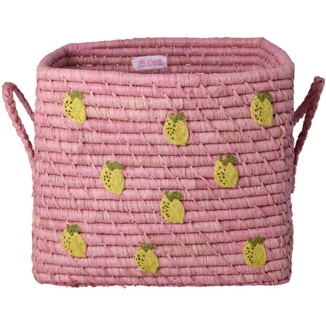 Rice Raffia Square Kurv Med Small Lemons All Over Embroidery Og Raffia Handles