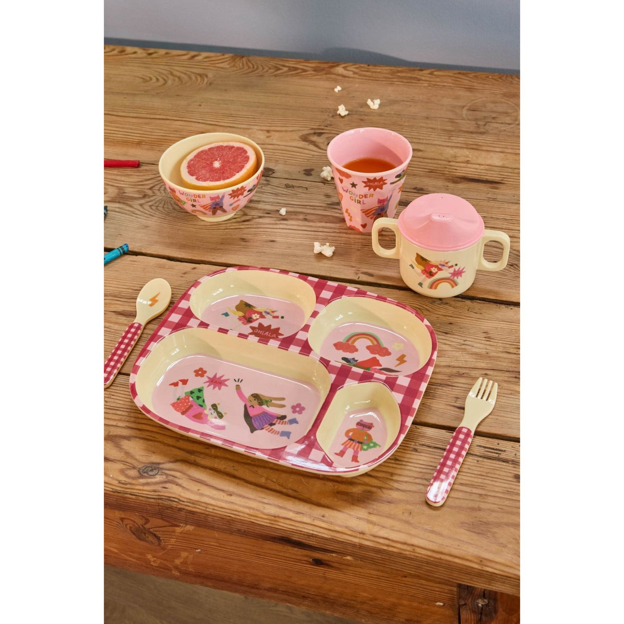 Rice Melamin Baby Dinner Sett In Giftbox - Hero Print - Pink - 4 Pcs