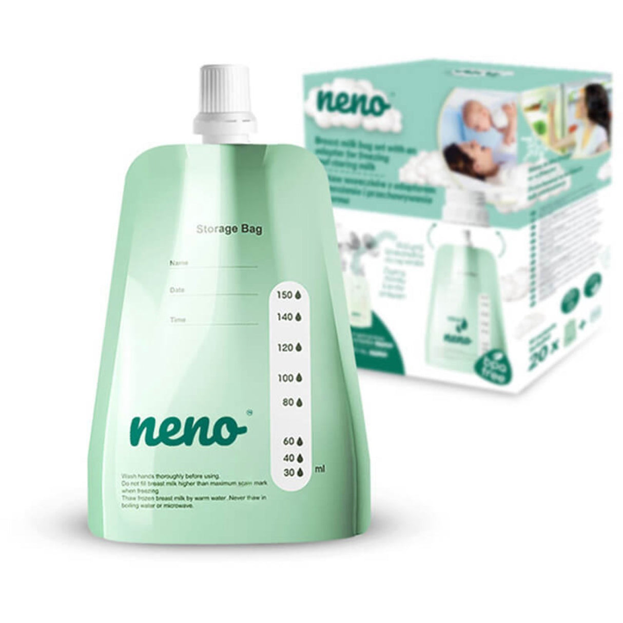 Neno Grøn Oppbevaringsposer Brystmælk 20 Poser + Adapter
