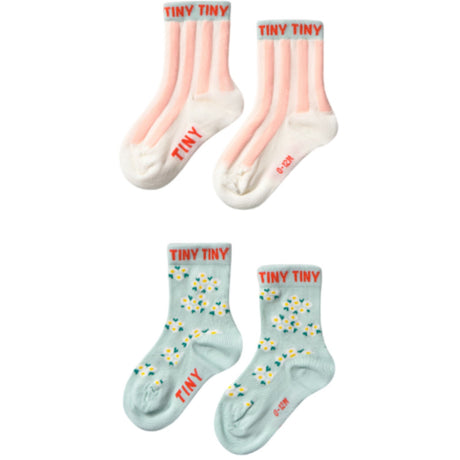 TinyCottons Pale Mint/off White Pink Stripes & Blossom Medium Strømper