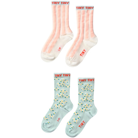 TinyCottons Pale Mint/off White Pink Stripes & Blossom Medium Strømper