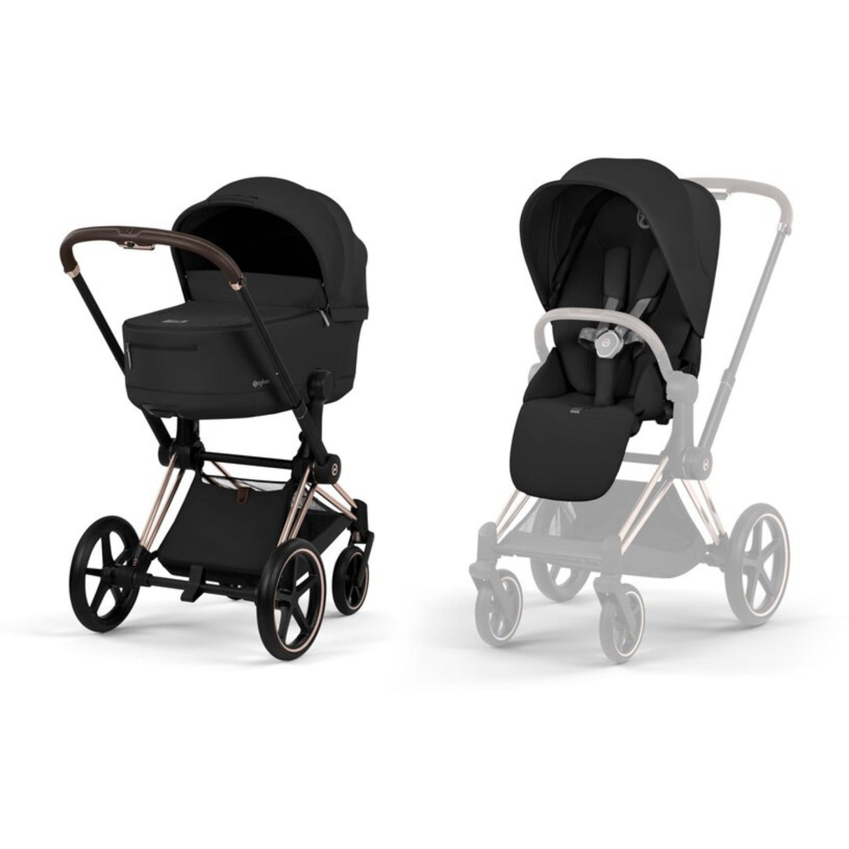 Cybex Sepia Black/Black Priam Comfort Rosegold Inklusiv Foldbar Liggedel