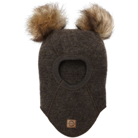 Mikk-Line Dark Brown Melange Ull Balaclava med Pom Pom