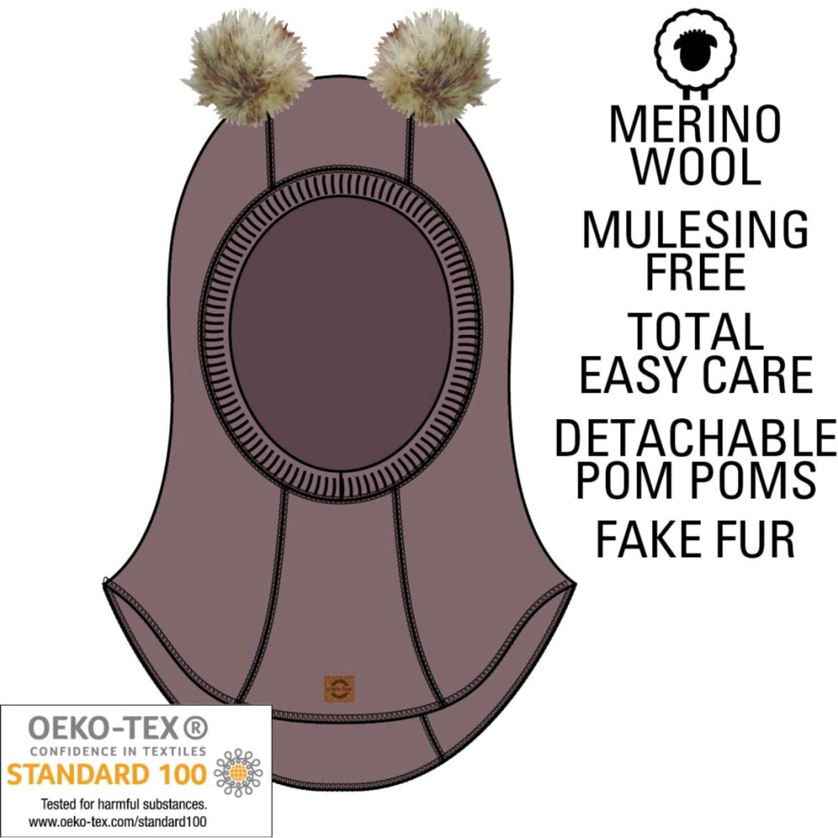 Mikk-Line Twilight Mauve Ull Balaclava med Pom Pom