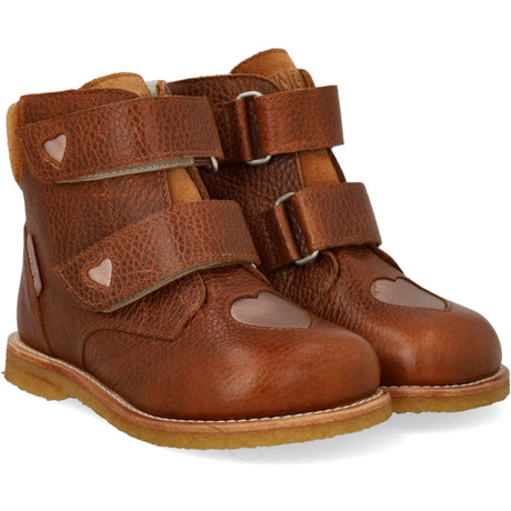 Angulus Cognac/Rose Copper/Cognac Tex-Støvle Med Funklende Glitterhjerter