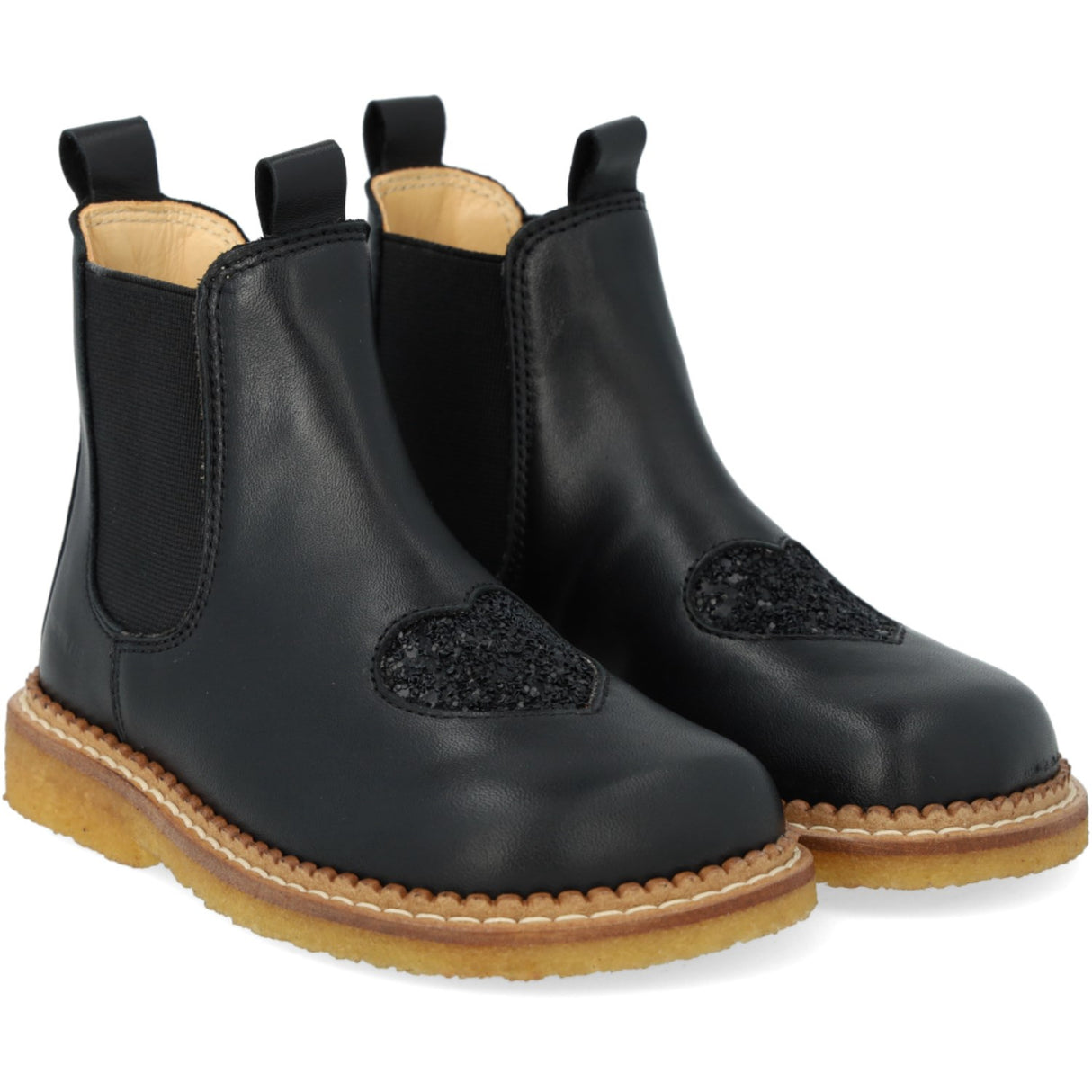 Angulus Black/Black Glitter/Black Elastic Chelsea Støvler Med Hjerte