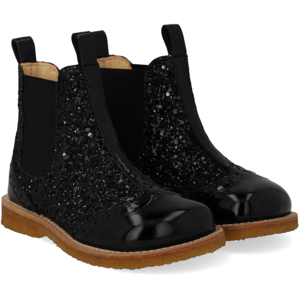 Angulus Black/Black Glitter/Black Elastic Chelsea Støvler Med Glitter Og Brogues Detaljer