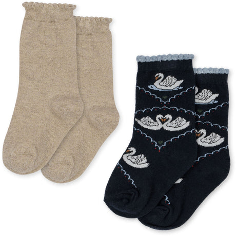 Konges Sløjd Navy/Off White 2 Pakke Jacquard Swan Strømper
