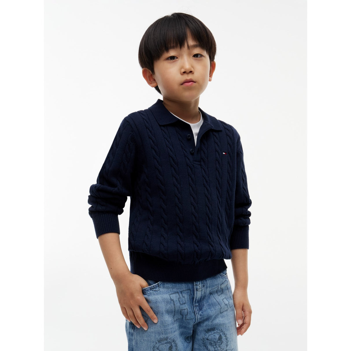 Tommy Hilfiger Dark Blue-Blue Bomull Cable Polo Sweater