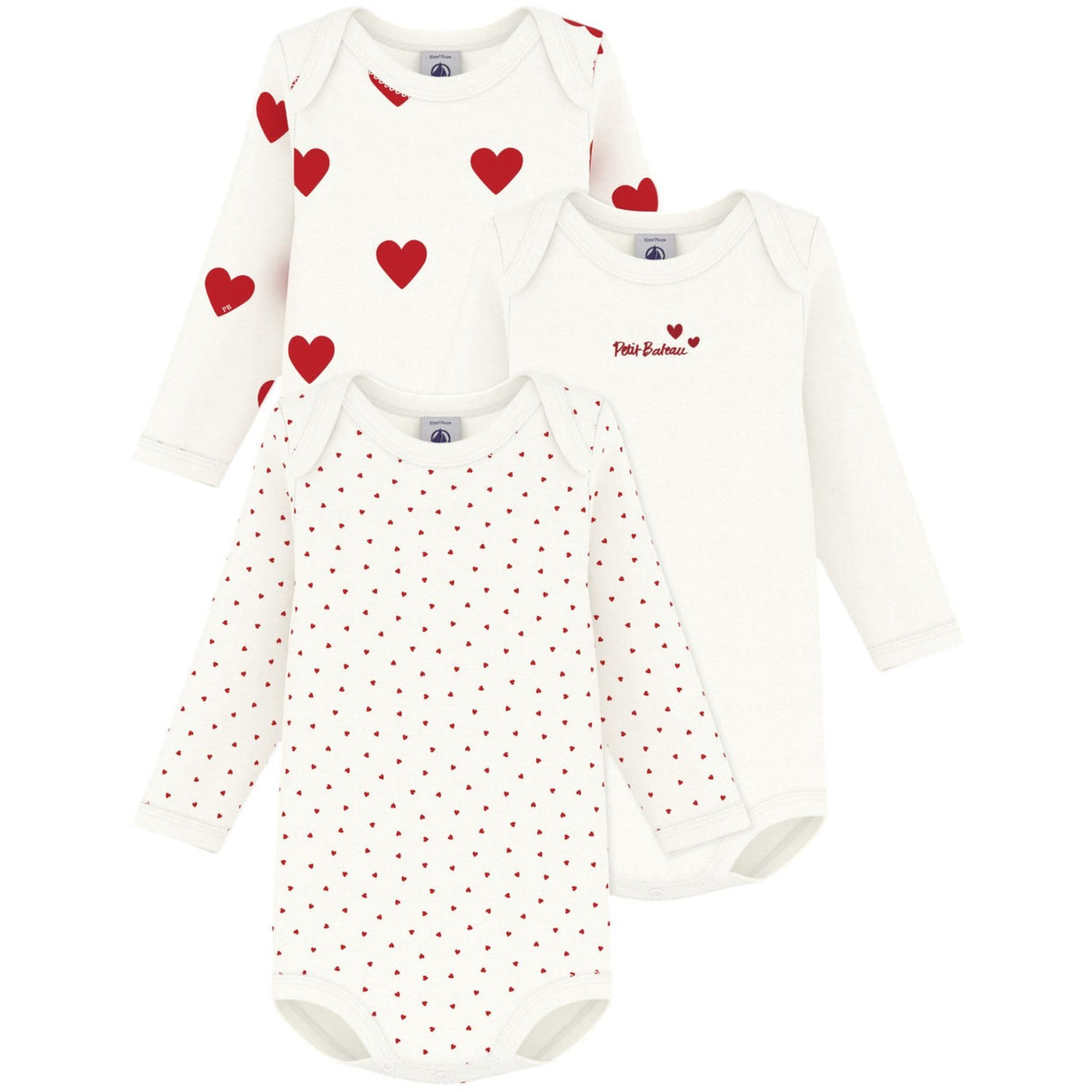Petit Bateau Hearts/White Langermet Body 3-pack
