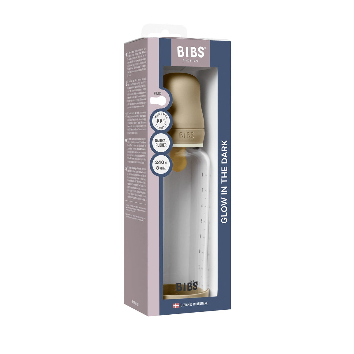 Bibs Vanilla GLOW Glass Baby Flaske Round Latex 1-Pack 240 Ml Medium Flow