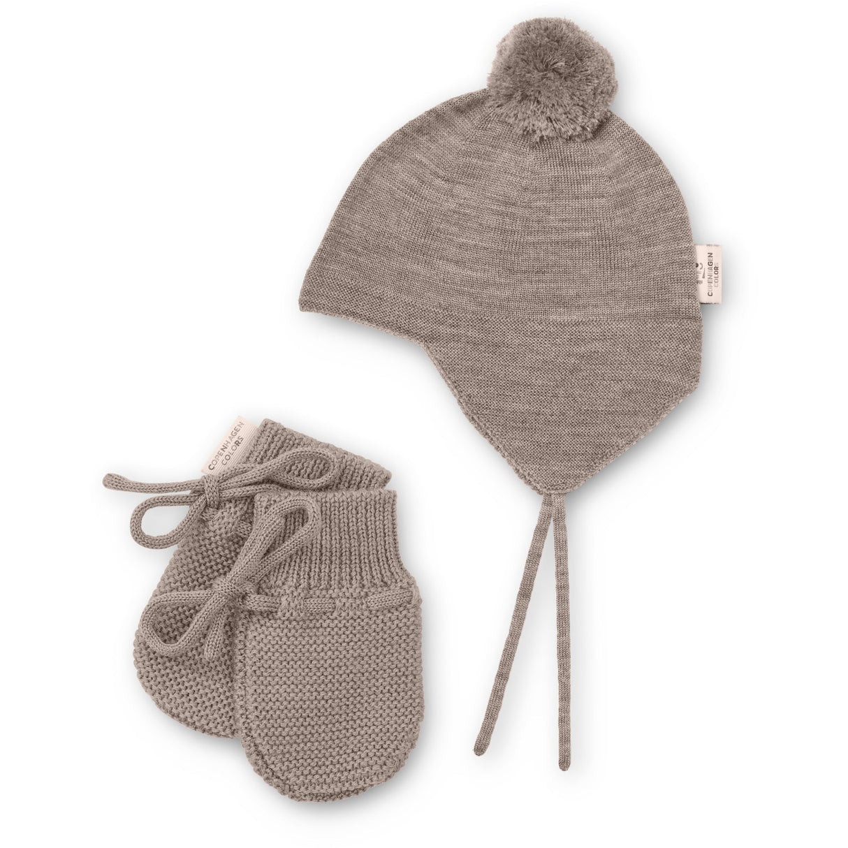 COPENHAGEN COLORS Natural Melange Merino Strikket Baby Bonnet M/ Pompom + Baby Votter