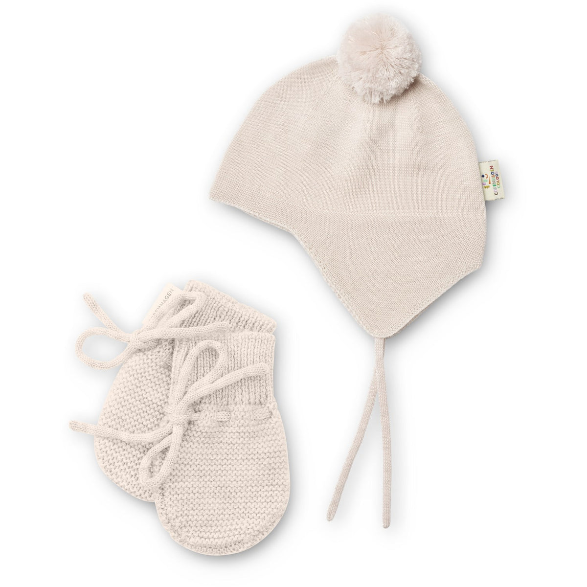 COPENHAGEN COLORS Pale Cream Melange Merino Strikket Baby Bonnet M/ Pompom + Baby Votter