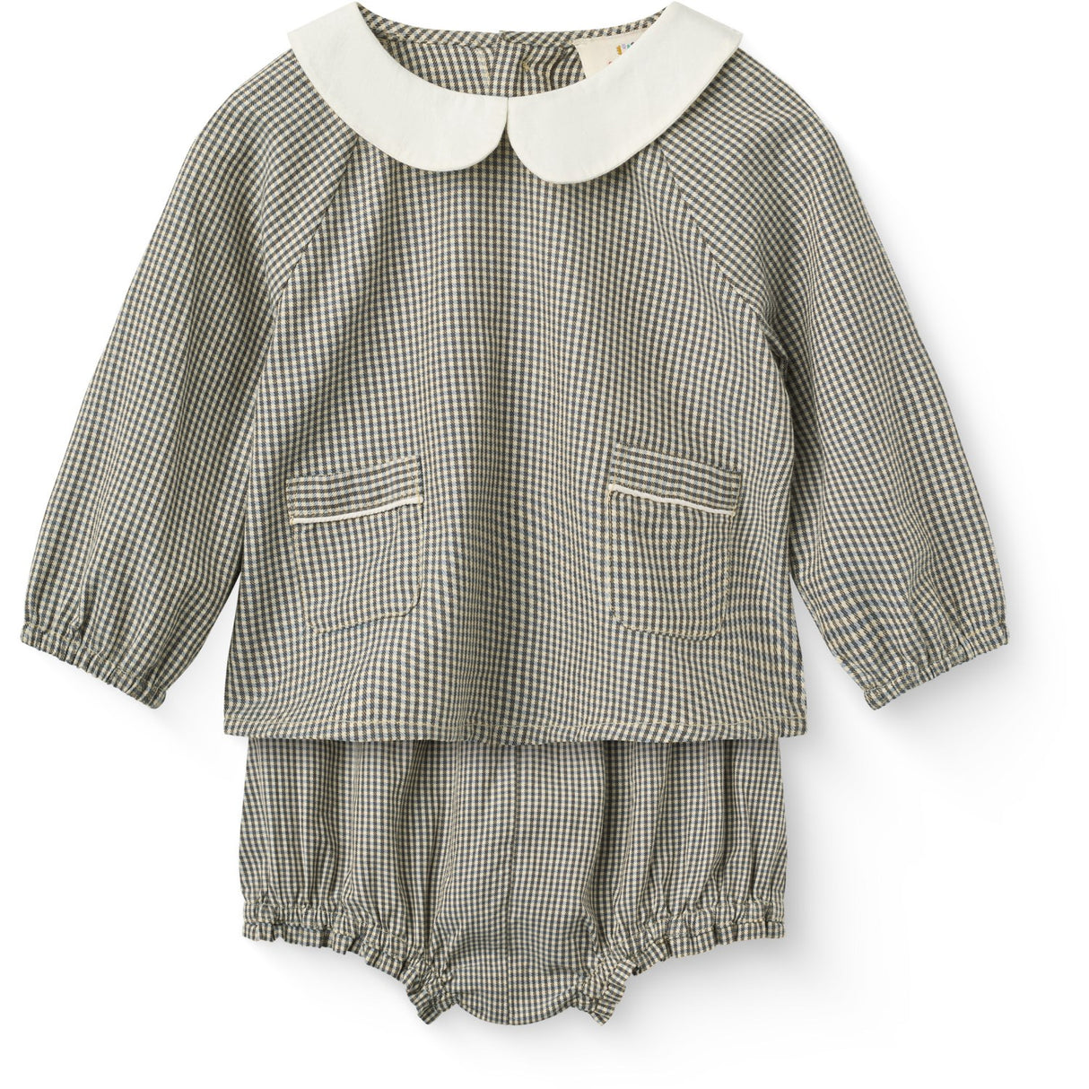 COPENHAGEN COLORS Brown/Sky Check Comb. Checkered Baby Sett M/ Bluse & Bloomers