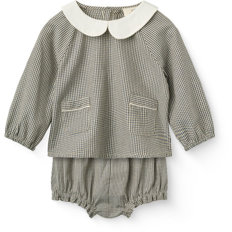COPENHAGEN COLORS Brown/Sky Check Comb. Checkered Baby Sett M/ Bluse & Bloomers