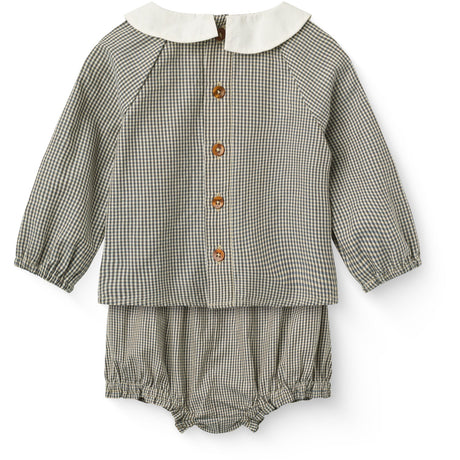 COPENHAGEN COLORS Brown/Sky Check Comb. Checkered Baby Sett M/ Bluse & Bloomers