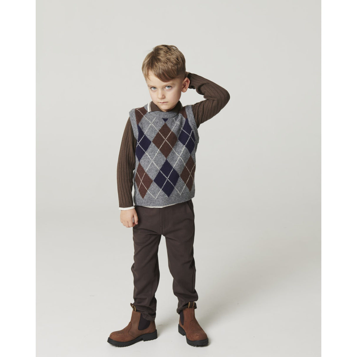 COPENHAGEN COLORS Grey Mel./Dk. Brown/Navy Comb. Argyle Strikket Vest