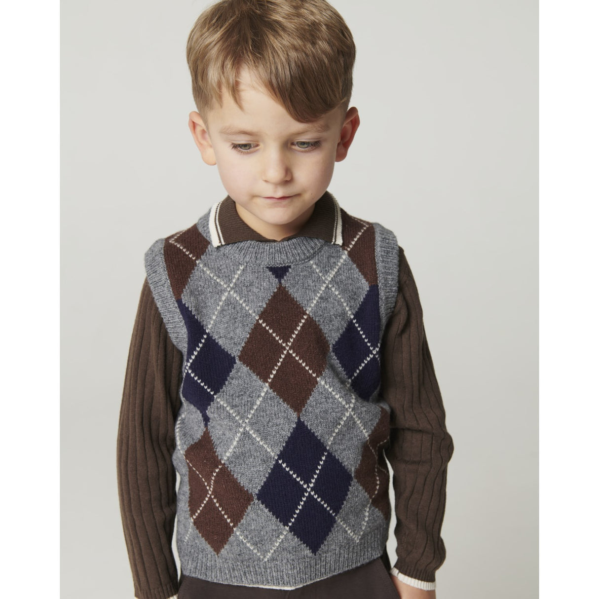 COPENHAGEN COLORS Grey Mel./Dk. Brown/Navy Comb. Argyle Strikket Vest