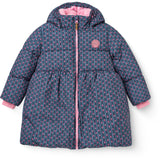 COPENHAGEN COLORS Navy Flower Aop Puffer Long Frill Jakke M/ Teddy Lining