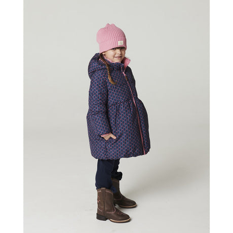 COPENHAGEN COLORS Navy Flower Aop Puffer Long Frill Jakke M/ Teddy Lining