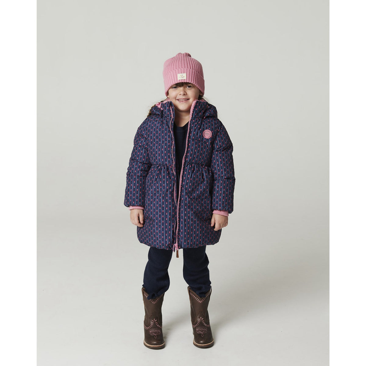 COPENHAGEN COLORS Navy Flower Aop Puffer Long Frill Jakke M/ Teddy Lining