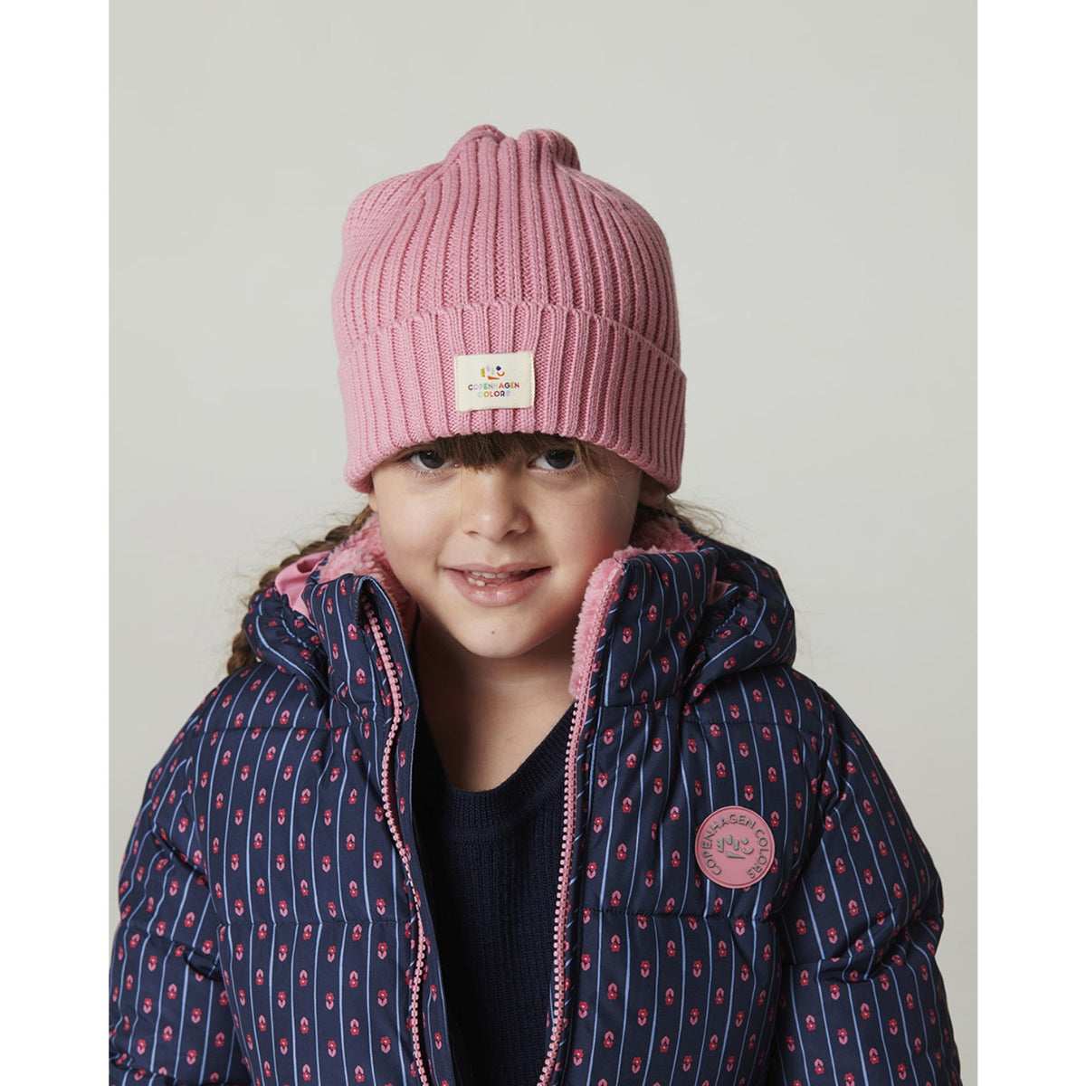 COPENHAGEN COLORS Navy Flower Aop Puffer Long Frill Jakke M/ Teddy Lining
