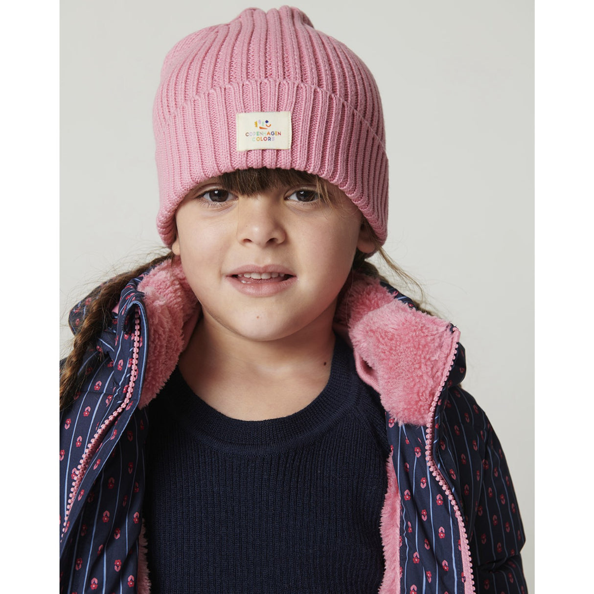 COPENHAGEN COLORS Navy Flower Aop Puffer Long Frill Jakke M/ Teddy Lining