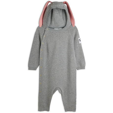Mini Rodini Grey Melange Rabbit Ear Fine Strikk Baby Buksedrakt
